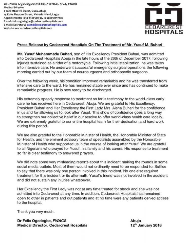 17 days after life threatening bike crash, Yusuf Buhari Discharged from Hospital 17 days after life threatening bike crash, Yusuf Buhari Discharged from Hospital