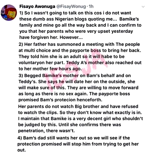 BBNaija: Bambam’s Parents Want Her Out with Immediate Effect Over $3x Scandal