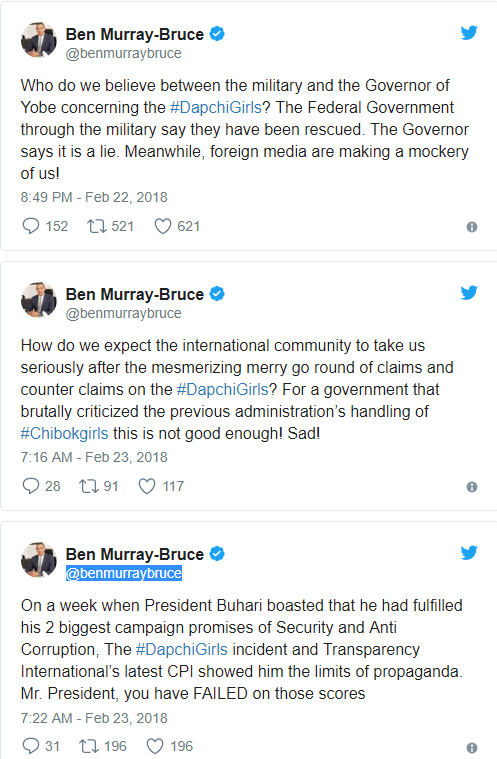 #DapchiGirls: Who do we believe between the military and the Governor of Yobe concerning the #DapchiGirls?  - Ben Bruce asks