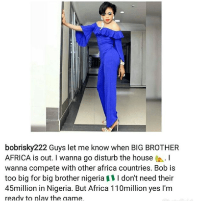 Nigerian Crossdresser, Bobrisky, who was in the news yesterday after she slammed Big Brother Naija housemate, Cee-C, who she tagged cheap and dumb, has indicated interest in being a housemate in Big 