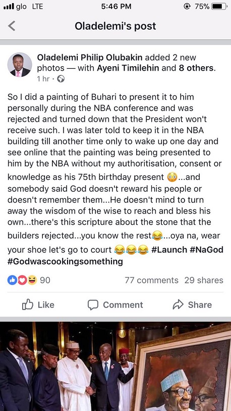 Nigerian, Oladelemi Philip, Sues NBA for Rejecting His Painting & Presenting It to Buhari as A Birthday Gift