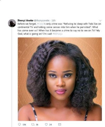 #BBNaija: Man Claims That the Only Crime Cee-C Committed Was Not Going Down with Tobi