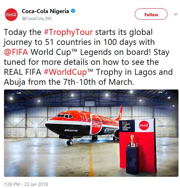 Original FIFA World Cup Trophy Will Arrive in Nigeria March 7