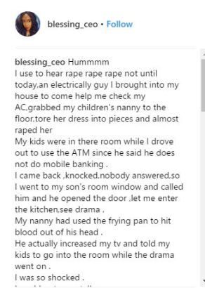 Nigerian Lady Recounts How Her Electrician Almost R@Ped Her Nanny
