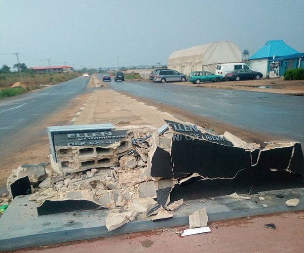Unknown Residents Destroys Ellen Sirleaf Johnson Signpost Recently Erected In Owerri [Photos]