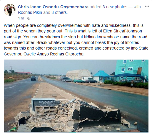 Unknown Residents Destroys Ellen Sirleaf Johnson Signpost Recently Erected In Owerri [Photos]