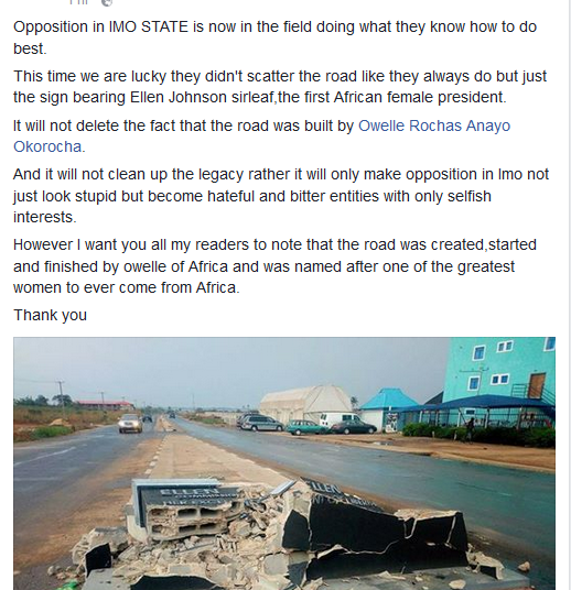 Unknown Residents Destroys Ellen Sirleaf Johnson Signpost Recently Erected In Owerri [Photos]