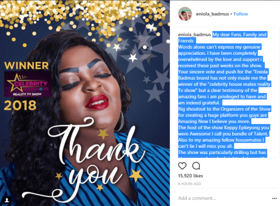 Eniola Badmus Is the Winner Of The Celebrity Housemates Reality TV Show