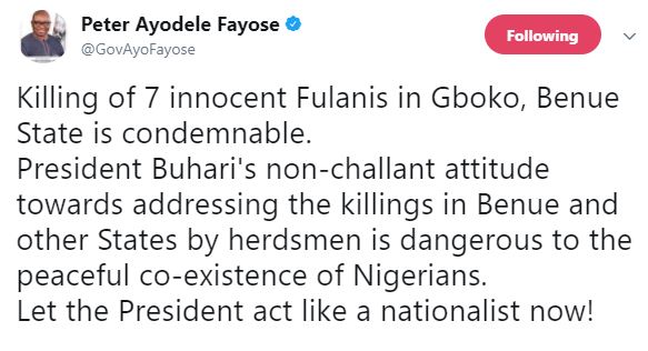 Governor Fayose Condemns The Burning Of Seven Fulanis To Death In Benue State
