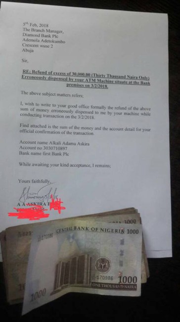 Nigerian Man Returns N30,000 Wrongly Dispensed to Him by Diamond Bank ATM