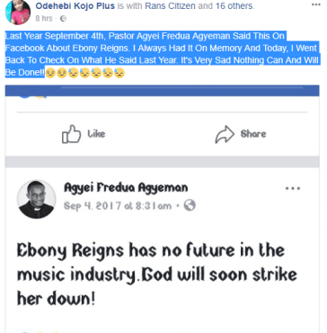 Ghanaians call out Pastor who placed curse on singer Ebony Reigns before her death