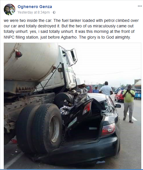 What a miracle! Fuel Tanker Climbs Over Man’s Car In Warri But He Came Out Without A Scratch [Photos]