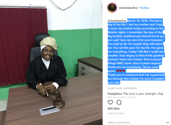 Ex- #BBNaija house mate Leo, loses his mom