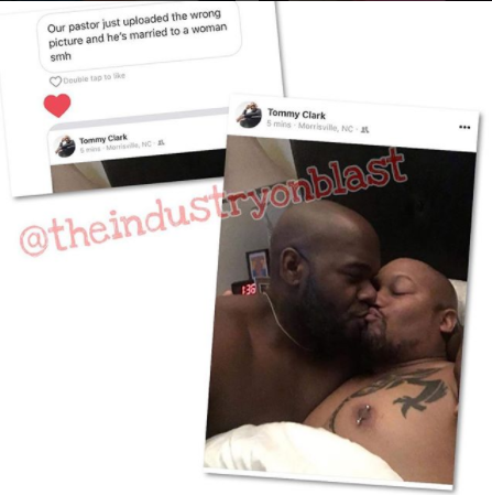 A New York based pastor, Tommy Clark who is married to a woman mistakenly shared a photo of himself kissing another man on his Facebook page. Or maybe someone hacked his accoount and posted the pic. Full photo below