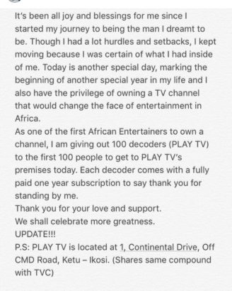 “I dedicate this television station to my late mum and dad. Thanks for letting me chase my dream. Also to my son Batifèori Maximiliano Adedeji when I look up in the sky I ask myself why am I trying to live, if I’m just living to die, but when I look down I see the answer. Thanks for making me a better man. This is also for the day ones that have been supporting ruthlessly through the thick and thin.  Those who believed in me when I didn’t even have an idea how far I would go in this journey. This is also a harbinger for every ghetto kid that you can be anything and achieve anything long as you put your mind to it and work toward it.  This is for the YBNL fans and TEAM BADDOSNEH. I promise never to make you regret supporting me.  More great stuff to come on my honour. Let’s all welcome our brand new baby. ‘VOTS’ (Voice of the Street). Our television, my television, your television…be heard,” he wrote.