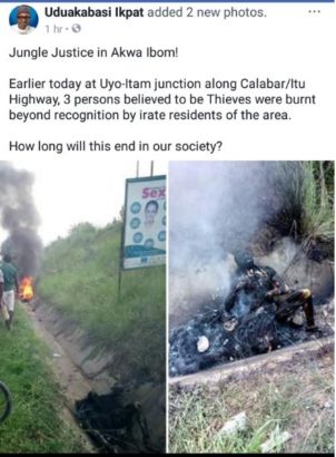 3 Unlucky Robbers Burnt To Death By Angry Mob In Uyo [Photos]