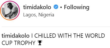Singer Timi Dakolo Spotted Posing with The Original World Cup Trophy in Lagos [Photo]