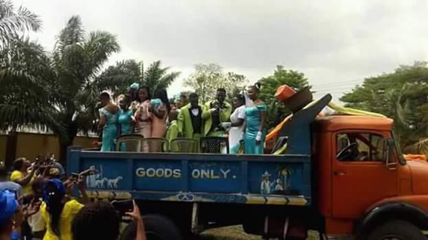 Couple Abia State, Ride Tipper Truck to Their Wedding Venue [Photos]