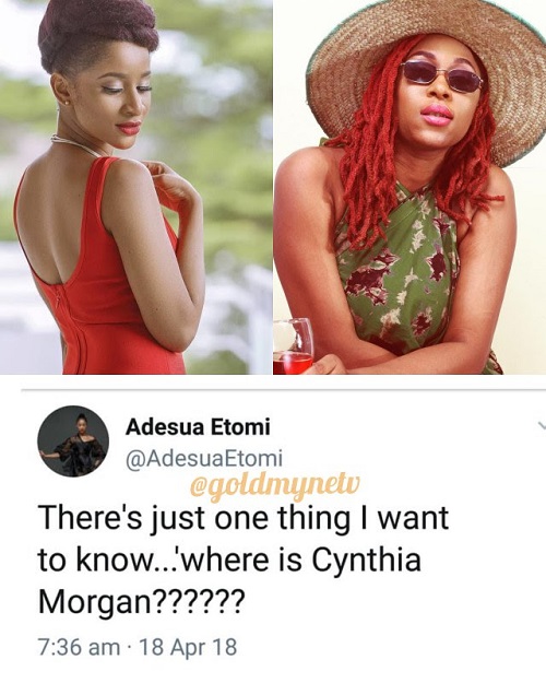 “Where is Cynthia Morgan”? – Adesua Etomi asks.