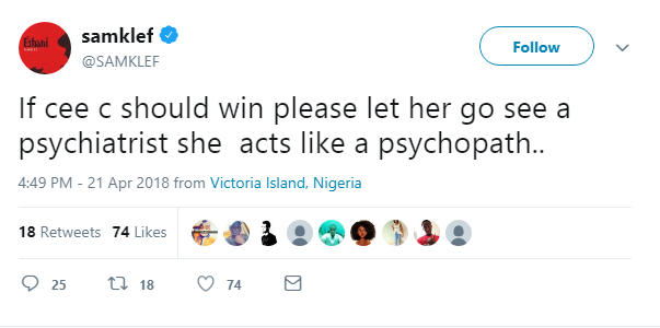 #BBNaija: ‘Cee-C Acts Like a Psychopath, She Should See a Psychiatrist’ – Samklef