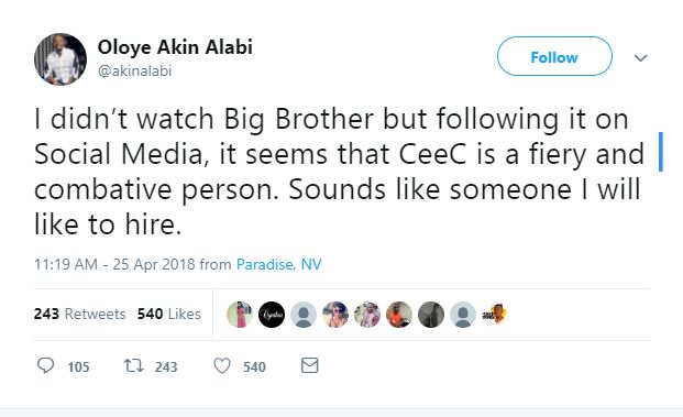 #BBNaija: Nairabet CEO, Oloye Akin Alabi, Offers Cee-C A Job
