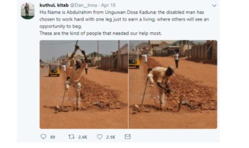 #NigerianYouthsAreNotLazy – Nigerian Guy Says As He Post Photos Of One-legged Man Seen Carrying Out Road Construction