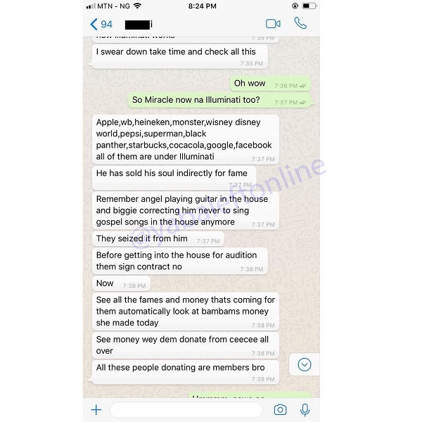 #BBNaija: “Miracle Has Sold His Soul to The Devil and Illuminati for Fame” – Nigerian Man Says, In Chat with Friend. [Screenshots]