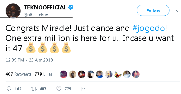  Singer Tekno offers an extra N1M to #BBNaija winner “Miracle”