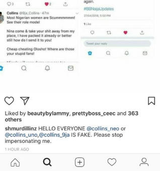 #BBNaija: Nina’s Ex-Boyfriend, Collins Laments Over Fake Accounts