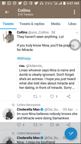 #BBNaija: Nina’s Alleged Boyfriend Collins Tags Her “Devil”, States The Reasons Why