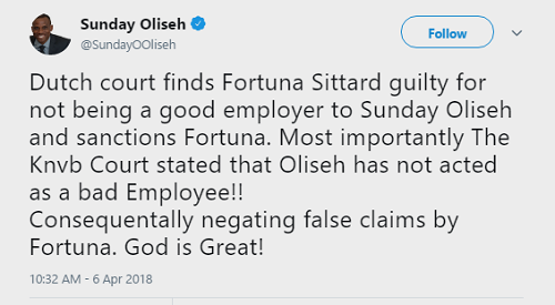 Sunday Oliseh Wins the Legal Fight Against His Ex- Employer, Fortuna Sittard 