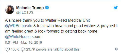 US First Lady, Melania Trump Discharged From The Hospital After Undergoing Kidney Surgery