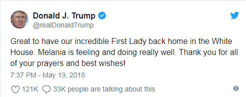 US First Lady, Melania Trump Discharged From The Hospital After Undergoing Kidney Surgery