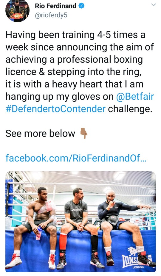 Ex- Manchester United Star, Rio Ferdinand Hangs Boxing Gloves After He Was Refused Professional Licence