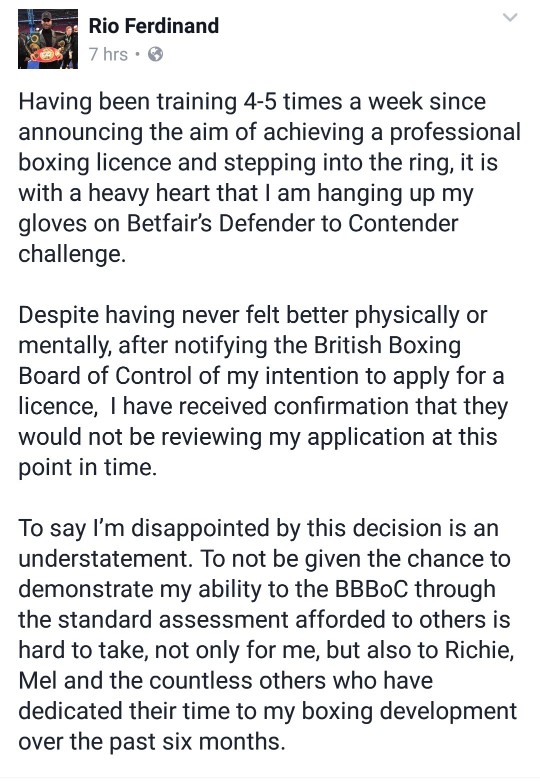 Ex- Manchester United Star, Rio Ferdinand Hangs Boxing Gloves After He Was Refused Professional Licence