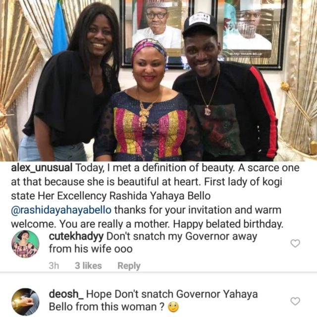 #BBNaija: “Don’t snatch her husband” – angry Fan tells Alex after she poses with Kogi first lady