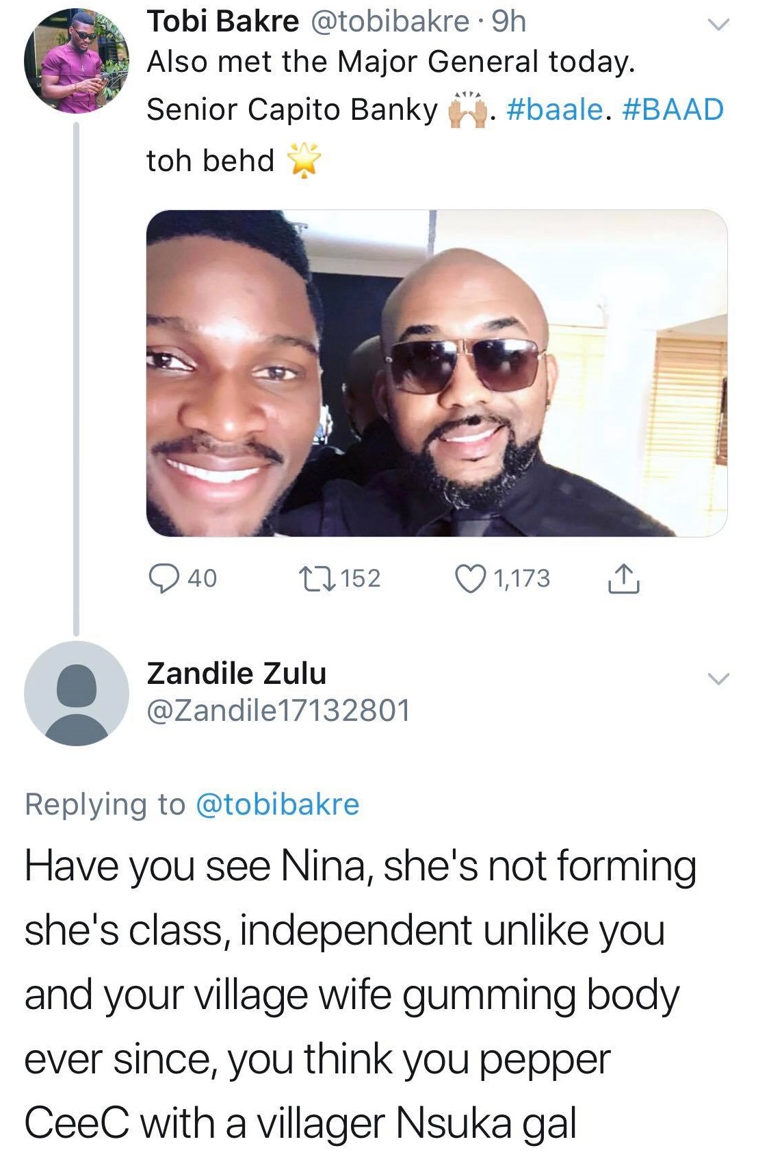#BBNaija: See Tobi Awesome Replie to a Follower Who Called Alex His Wife and a Village Girl