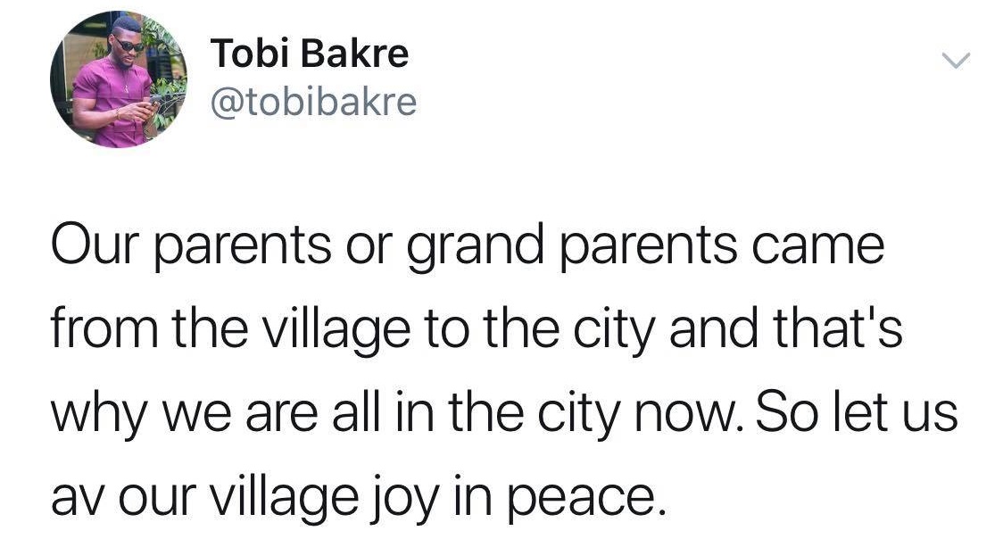 #BBNaija: See Tobi Awesome Replie to a Follower Who Called Alex His Wife and a Village Girl