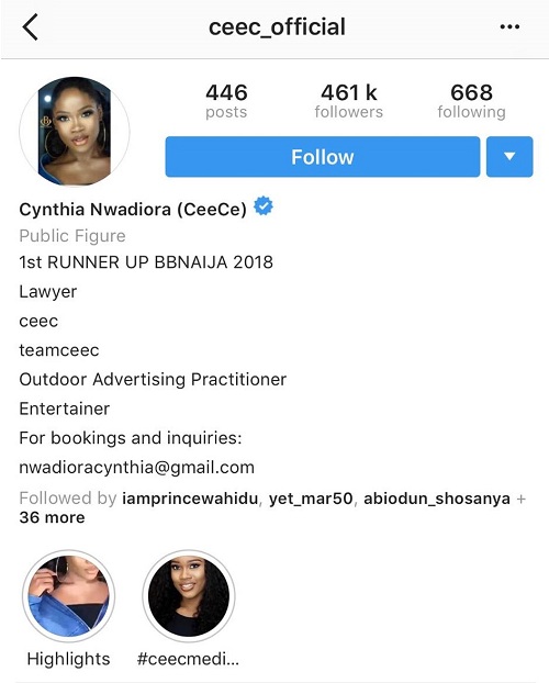 #BBNaija: Cee-c Becomes First Female Housemate to be verified on Instagram
