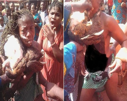 Nigerian Lady Stripped Unclad After She Was Caught Stealing 8 Chickens in Benin [Photos]