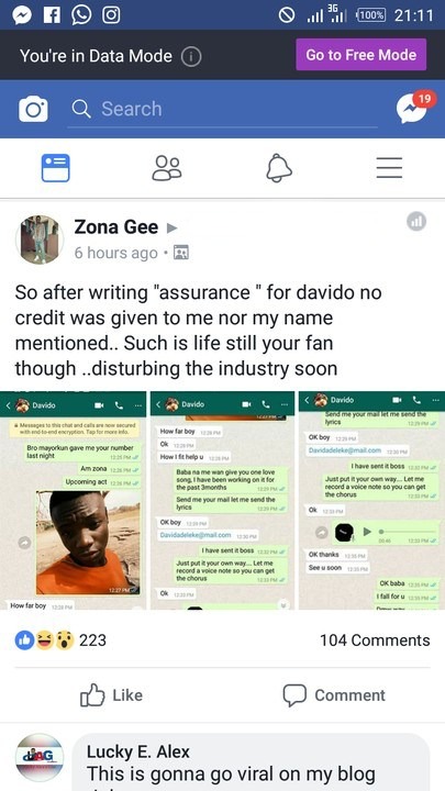 This Young Man Claims He Wrote the Song “Assurance” For Davido, That He Deserves Some Accolades [Screen Shots]