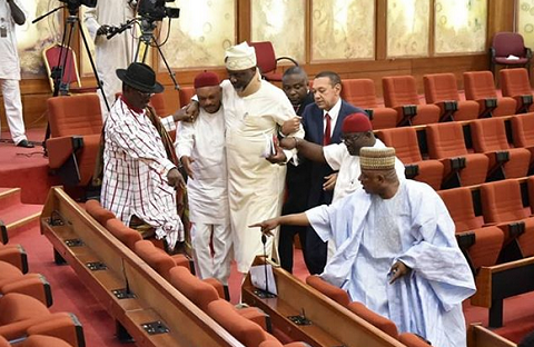 Excited PDP Senators Help Dino Melaye To His Seat [Photos]