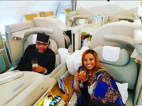 More Loved Up Photos Of Nigerian Millionaire, E-Money Trying To ‘Spoil’ His Wife Inside A Jet