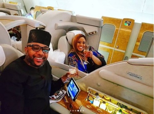 More Loved Up Photos Of Nigerian Millionaire, E-Money Trying To ‘Spoil’ His Wife Inside A Jet