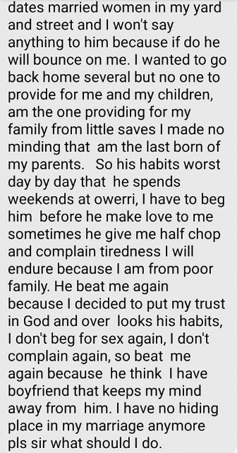 “I Beg My Husband To Make Love To Me, Sometime He Gives Me Half Chop”- Nigerian Woman Reveals