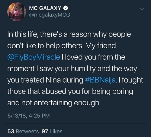 #BBNaija: MC Galaxy calls out Miracle, for refusing to appreciate E-Money