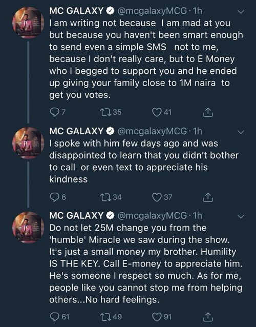 #BBNaija: MC Galaxy calls out Miracle, for refusing to appreciate E-Money