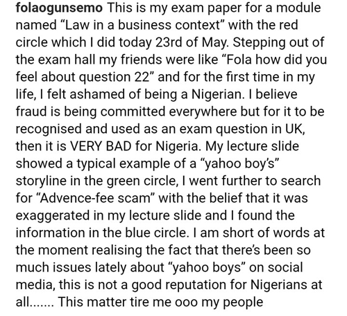 Nigerian Lady Schooling in the U.K Shares Shocking Exam Question about Yahoo ‘Yahoo and 419’ In Nigeria