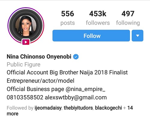 #BBNaija: Reality Star Nina, Gets Verified On Instagram