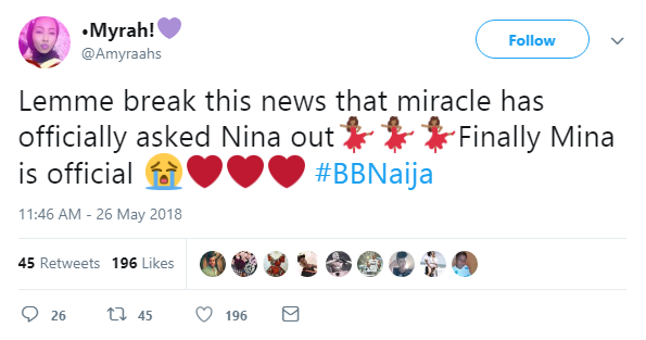 #BBNaija: You Need to See What Fans Are Currently Saying about Miracle and Nina’s Relationship